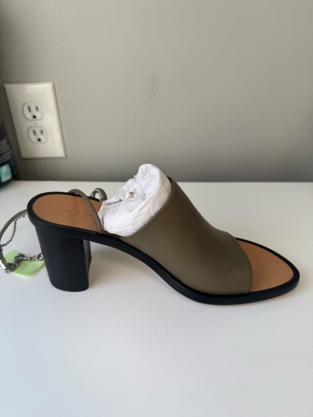rag & bone Olive Green Leather Block Heel Slingback Mules with Silver Chain - Picture 4 of 10